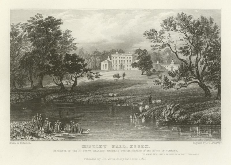 Mistley Hall, Essex, alahuoneen puhemiehen, Charles Manners Suttonin, oikean kunnianarvoisen Charles Manners Suttonin, asuinpaikka tekijältä William Henry Bartlett