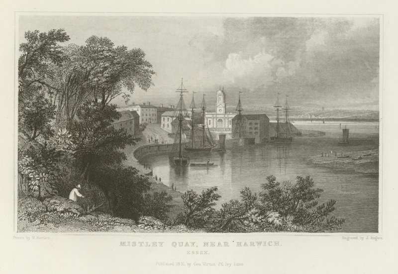 Mistley Quay, lähellä Harwichia, Essexissä. tekijältä William Henry Bartlett