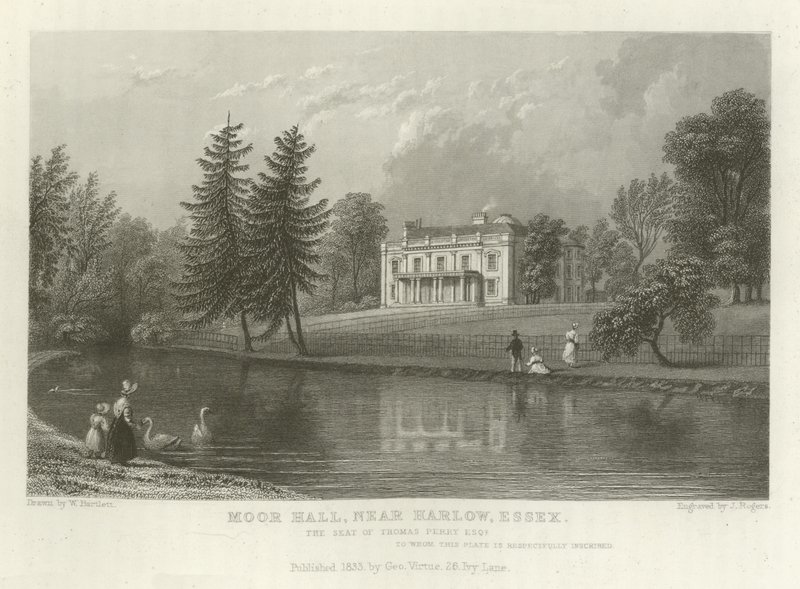 Moor Hall, lähellä Harlowia, Essex, Thomas Perryn kotipaikka Esquiressa tekijältä William Henry Bartlett