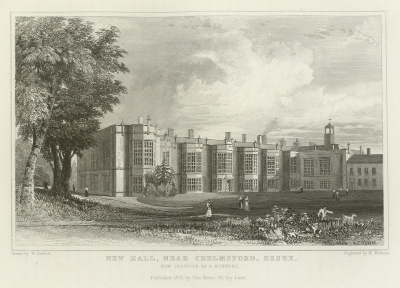 New Hall, lähellä Chelmsfordia Essexissä, nyt käytössä nunnaluostarina tekijältä William Henry Bartlett