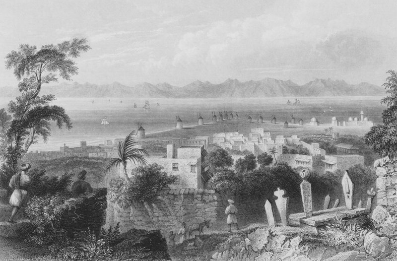 Rodos, muinainen Dodanim, saaren ja Vähä-Aasian välinen kanava tekijältä William Henry Bartlett
