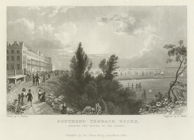 Southend Terrace, Essex, esittelee Thamesin suua tekijältä William Henry Bartlett