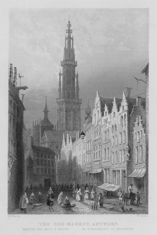 The Egg-Market, Antwerpen (kaiverrus) tekijältä William Henry Bartlett