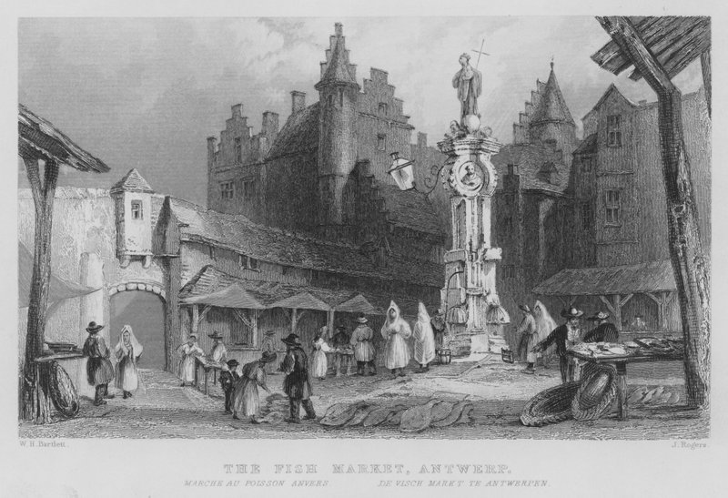 Kalamarkkinat, Antwerpen (kaiverrus) tekijältä William Henry Bartlett