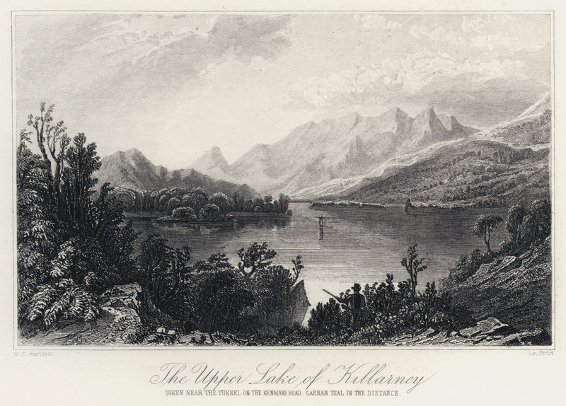 Killarneyn ylempi järvi, otettu lähellä tunnelia Kenmare Roadilla, Carran Tual kaukana (kaiverrus) tekijältä William Henry Bartlett