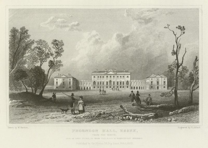 Thorndon Hall, Essex, pohjoisesta, Lord Petrien kotipaikka tekijältä William Henry Bartlett