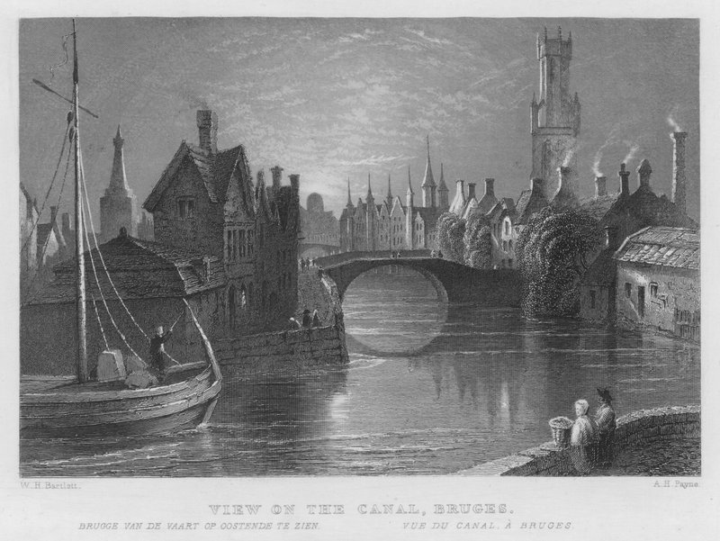 Näkymä kanavalle, Brugge (kaiverrus) tekijältä William Henry Bartlett