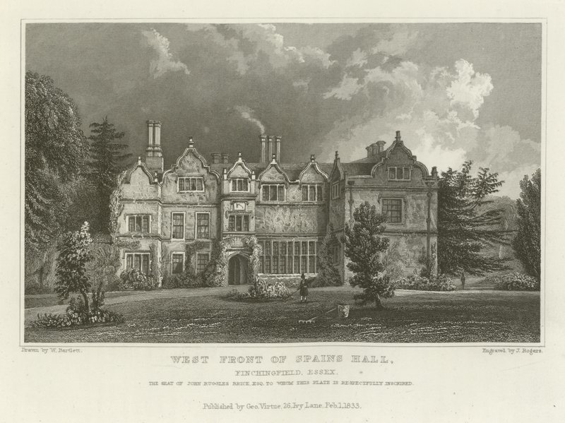 Spains Hallin länsijulkisivu, Finchingfield, Essex, John Ruggles Bricen, Esquire-herran, kotipaikka. tekijältä William Henry Bartlett