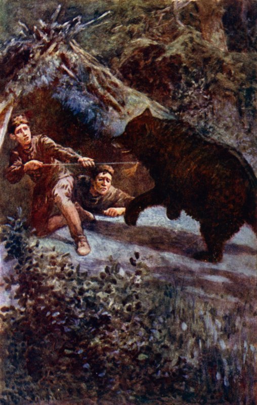 "Minä työnsin keihään kaikella voimallani karhun rintaan" (väri litho) tekijältä William Henry Charles Groome