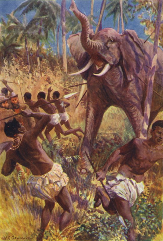 R M Ballantynen kuvitus Gorilla Huntersille (värilitho) tekijältä William Henry Charles Groome