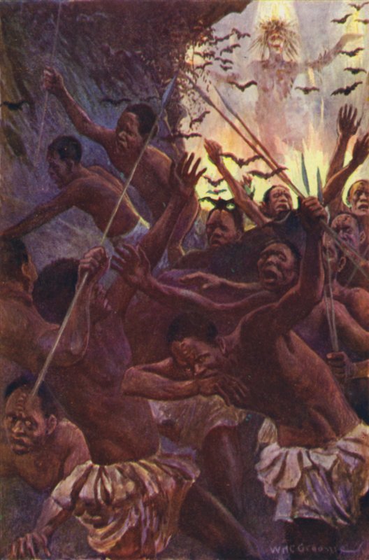 R M Ballantynen kuvitus Gorilla Huntersille (värilitho) tekijältä William Henry Charles Groome