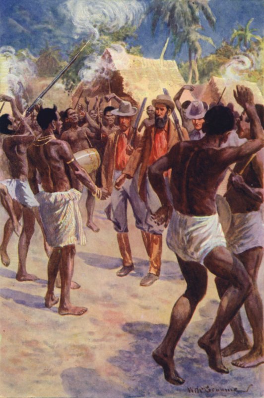 R M Ballantynen kuvitus Gorilla Huntersille (värilitho) tekijältä William Henry Charles Groome