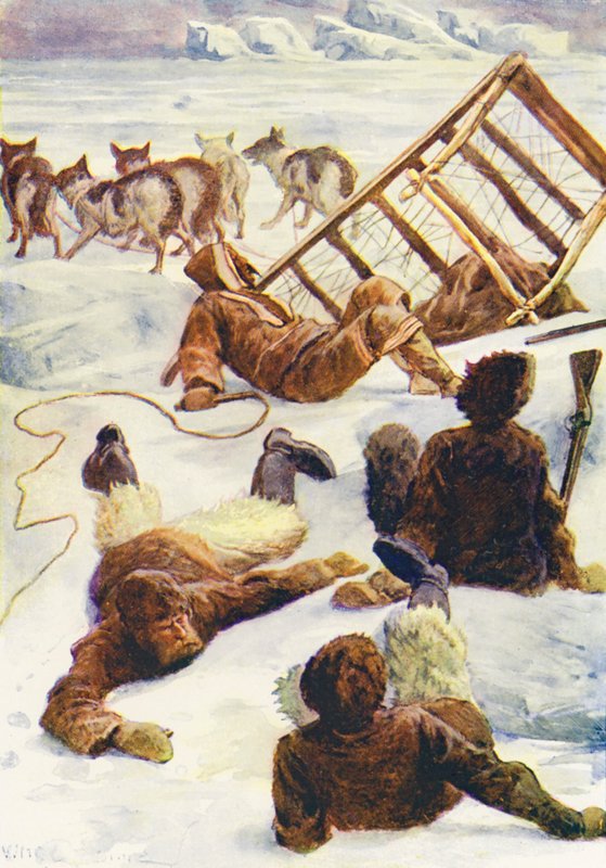 Kuvitus elokuvaan The World of Ice or the Whaling Cruise of The Dolphin (värilitografia). tekijältä William Henry Charles Groome