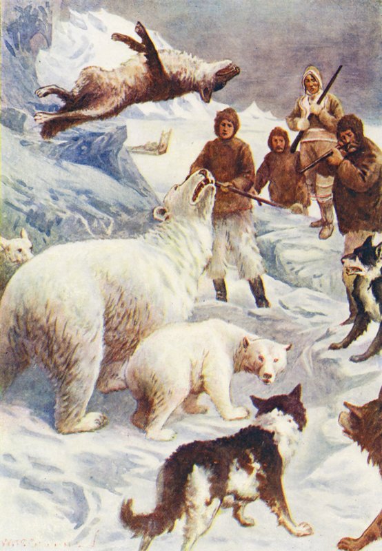 Kuvitus elokuvaan The World of Ice or the Whaling Cruise of The Dolphin (värilitografia). tekijältä William Henry Charles Groome