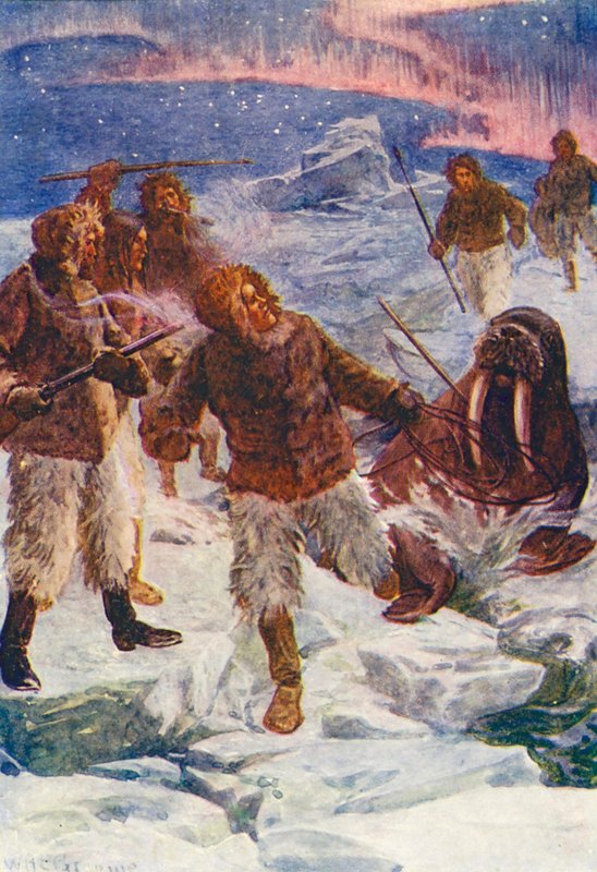 Kuvitus elokuvaan The World of Ice or the Whaling Cruise of The Dolphin (värilitografia). tekijältä William Henry Charles Groome