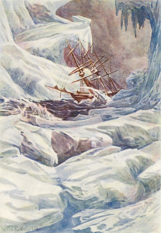 Kuvitus elokuvaan The World of Ice or the Whaling Cruise of The Dolphin (värilitografia). tekijältä William Henry Charles Groome
