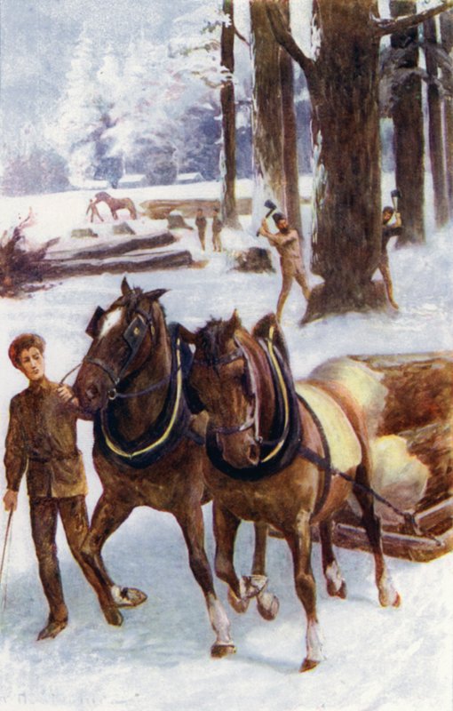 "Toiset harjoittivat puiden kaatamista, toiset hevosten kanssa, jotka raahasivat runkoja, laitettiin rekiin, kovan lumen yli" (väri litho) tekijältä William Henry Charles Groome