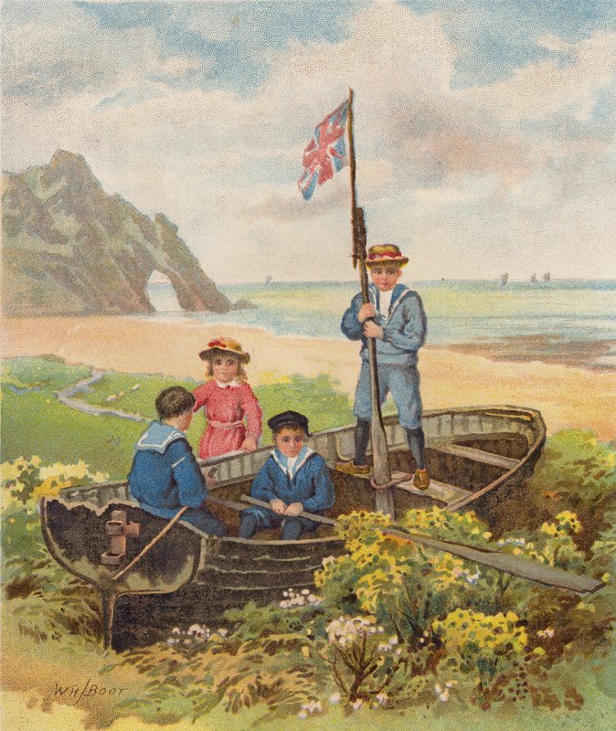 Lapset leikkivät veneellä rannalla (chromolitho) tekijältä William Henry James (after) Boot