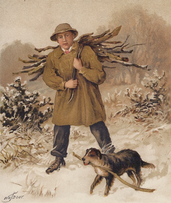 Mies ja koira keräämässä polttopuita (chromolitho) tekijältä William Henry James (after) Boot
