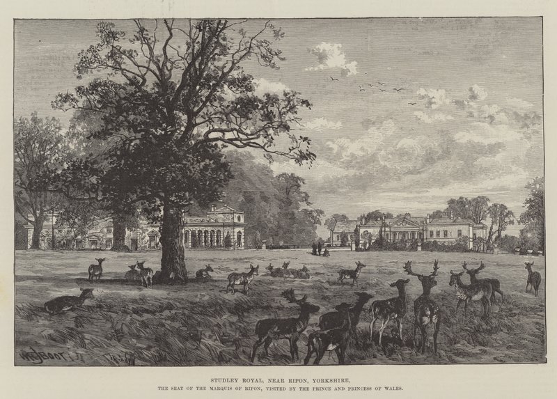 Studley Royal, lähellä Riponia, Yorkshiressa, Riponin markiisin kotia, jossa Walesin prinssi ja prinsessa vierailevat tekijältä William Henry James Boot