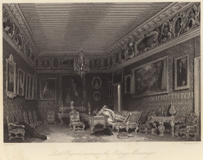 Lordi Byronin huone Palazzo Mocenigossa (kaiverrus) tekijältä William Henry Lake Price