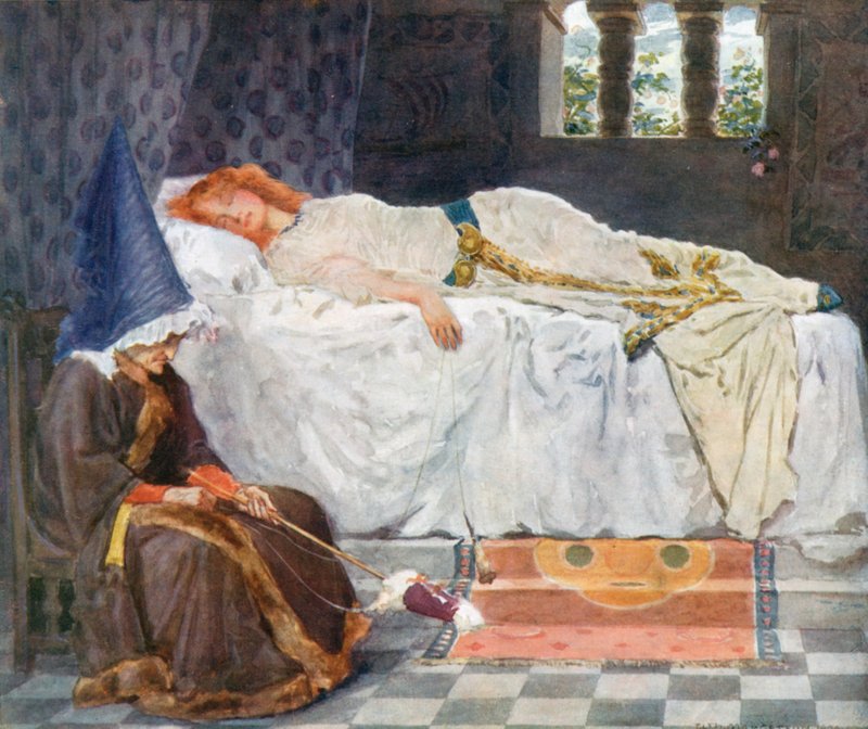 Hänen silmänsä olivat kiinni, ja hänen hiuksensa auringonpaisteen koskettamana leivät kuin kultalangat lumisella tyynyllä tekijältä William Henry Margetson