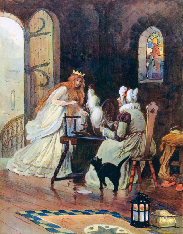 Hän kiipesi portaita ja ylhäältä hän löysi pienen huoneen, jossa vanha rouva istui pyörimässä tekijältä William Henry Margetson