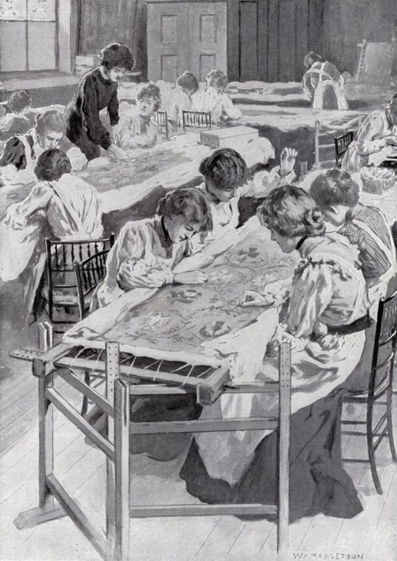Kuninkaallisen taidekoulun neulontatyön opiskelijat kirjottavat kuninkaiden kruunausvaatteita tekijältä William Henry Margetson
