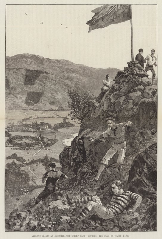 Athletic Sports at Grasmere, oppaiden kilpailu, lipun kiertäminen Silver Howella (kaiverrus) tekijältä William Heysham (after) Overend