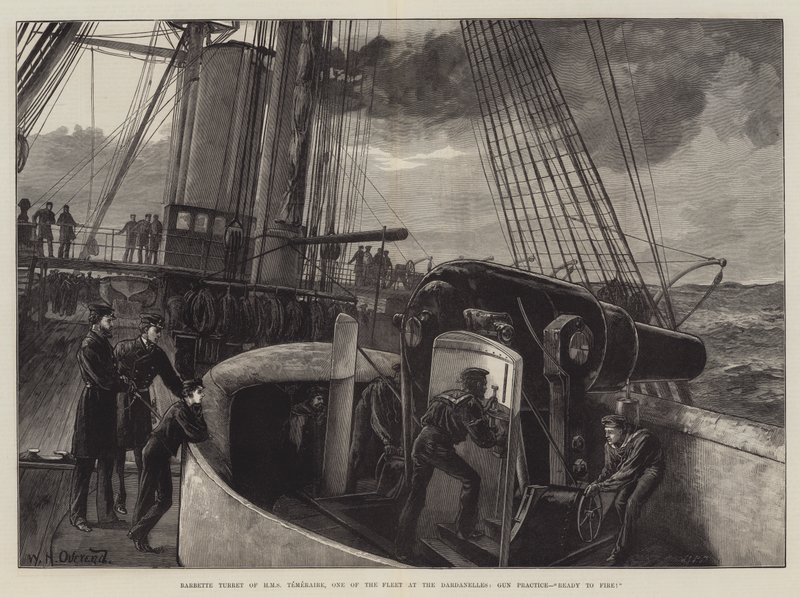HMS Temerairen Barbette Turret, yksi Dardanellien laivastoista, aseharjoittelu, valmiina ampumaan! tekijältä William Heysham Overend