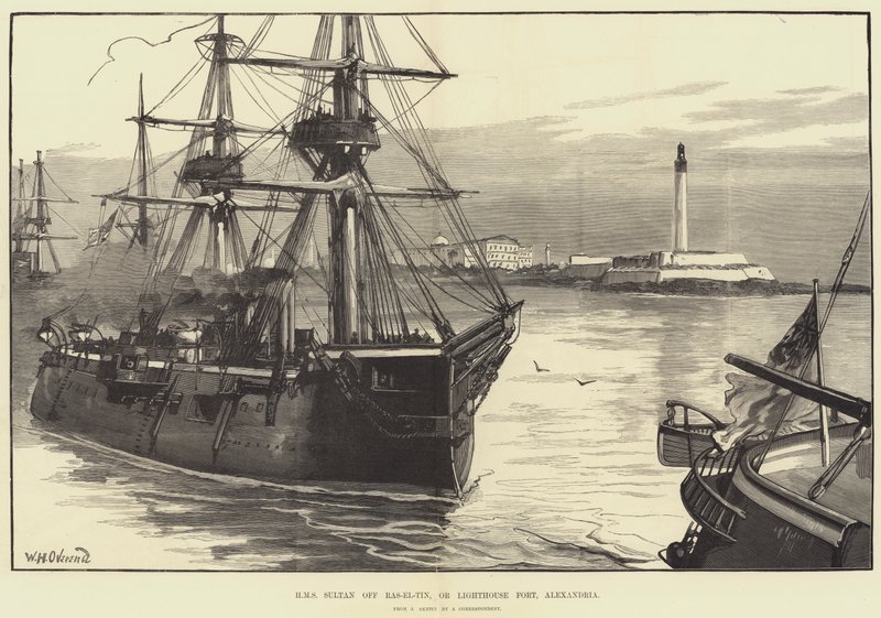 HMS Sultan Ras-el-Tinin edustalla tai Lighthouse Fortilla, Aleksandriassa tekijältä William Heysham Overend