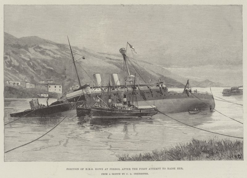 HMS Howen sijainti Ferrolissa ensimmäisen nostoyrityksen jälkeen. tekijältä William Heysham Overend