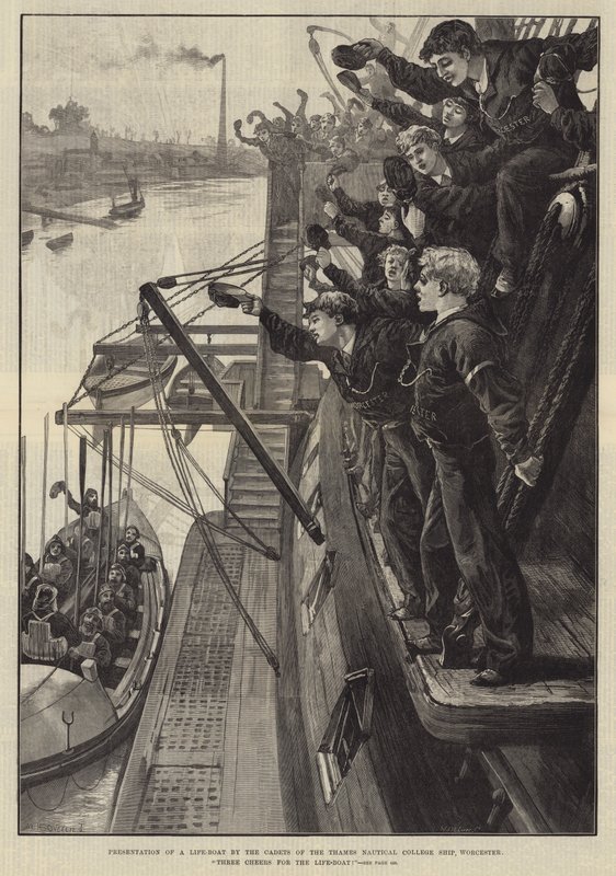 Pelastusveneen esittely Thames Nautical Collegen laivan kadettien toimesta, Worcester, Three Cheers for the Life-Boat! tekijältä William Heysham Overend