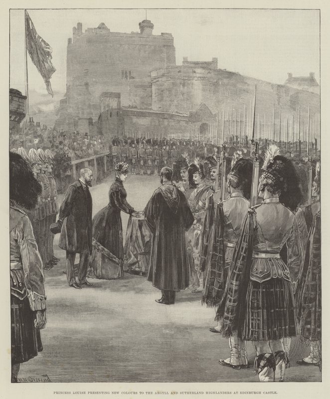Prinsessa Louise luovuttaa uudet sotilasvärit Argyll and Sutherland Highlandersille Edinburghin linnassa. tekijältä William Heysham Overend