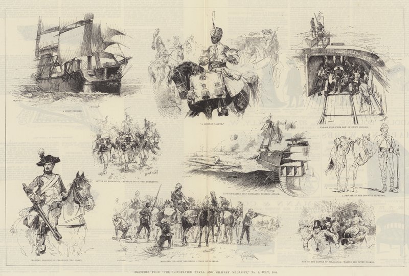Luonnoksia kuvitetusta laivasto- ja sotilaslehdestä, nro 1, heinäkuu 1884. tekijältä William Heysham Overend