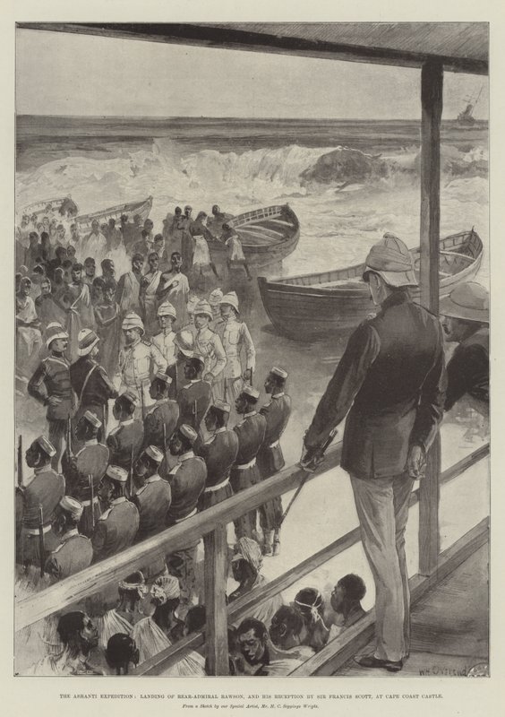 Ashanti-retkikunta, kontra-amiraali Rawsonin maihinnousu ja hänen Sir Francis Scottin vastaanotto Cape Coastin linnassa tekijältä William Heysham Overend