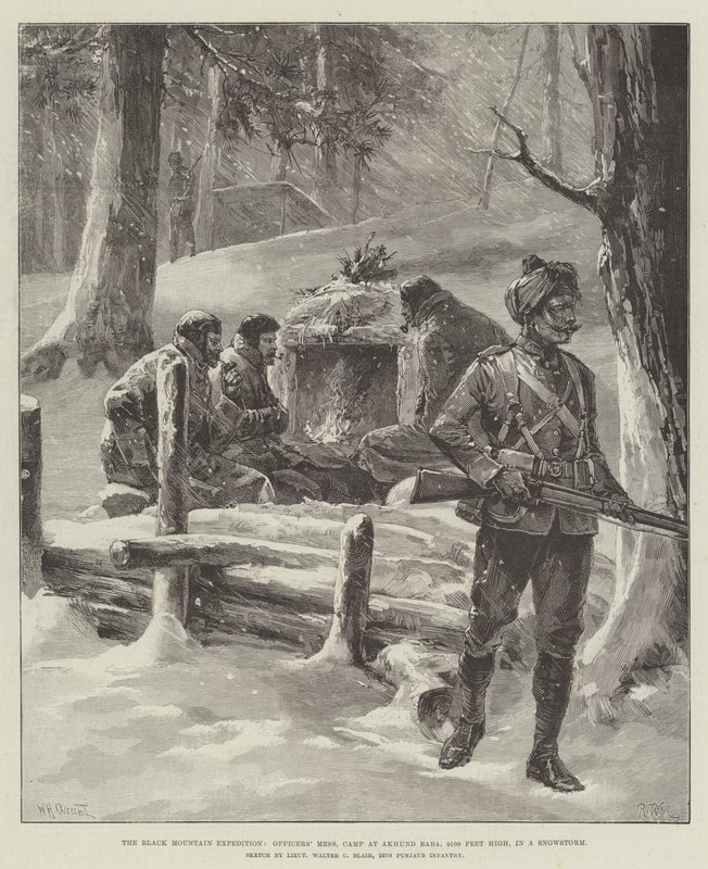 Black Mountain Expedition, upseerien sotku, leiri Akhund Babassa, 9100 jalkaa korkea, lumimyrskyssä tekijältä William Heysham Overend