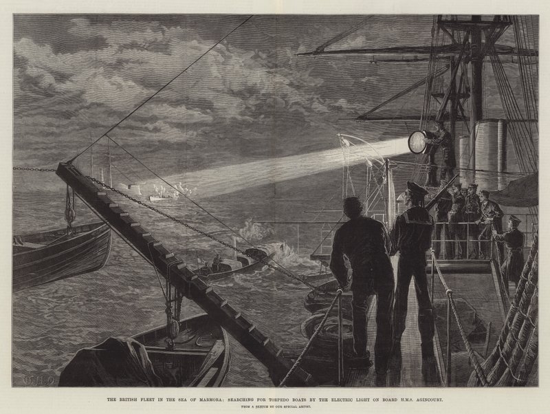 Britannian laivasto Marmoranmerellä etsii torpedoveneitä HMS Agincourtin sähkövalolla tekijältä William Heysham Overend