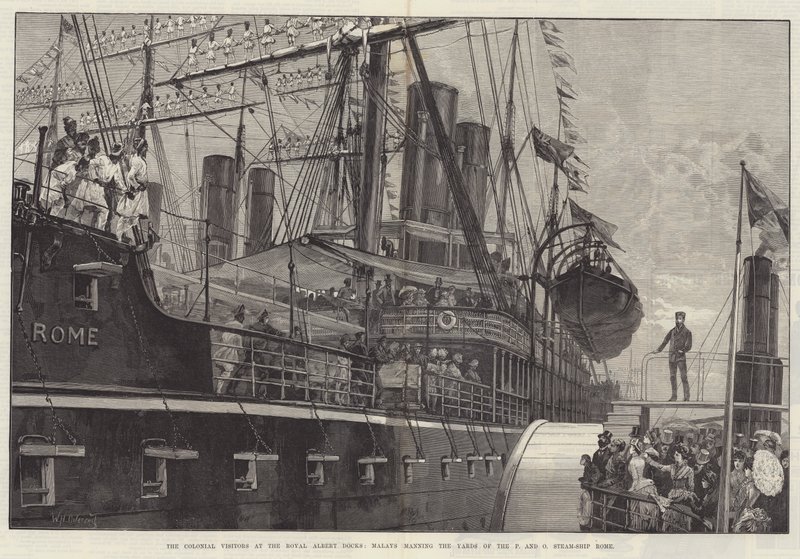 Siirtomaavieraat Royal Albert Docksissa, malesialaiset miehittävät P- ja O-höyrylaivojen Rooman telakat tekijältä William Heysham Overend
