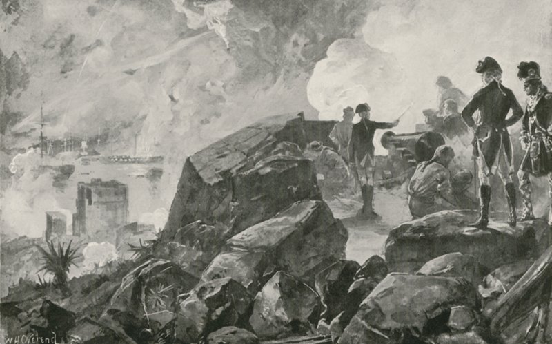 Brittiläiset tuhosivat espanjalaiset patterilaivat Gibraltarilla. tekijältä William Heysham Overend