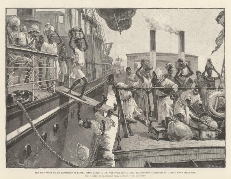 Emin Pashan avustusretkikunta Banana Pointissa 18. maaliskuuta 1887, höyrylaiva Madura siirsi matkustajia Kongo-joen höyryveneeseen tekijältä William Heysham Overend