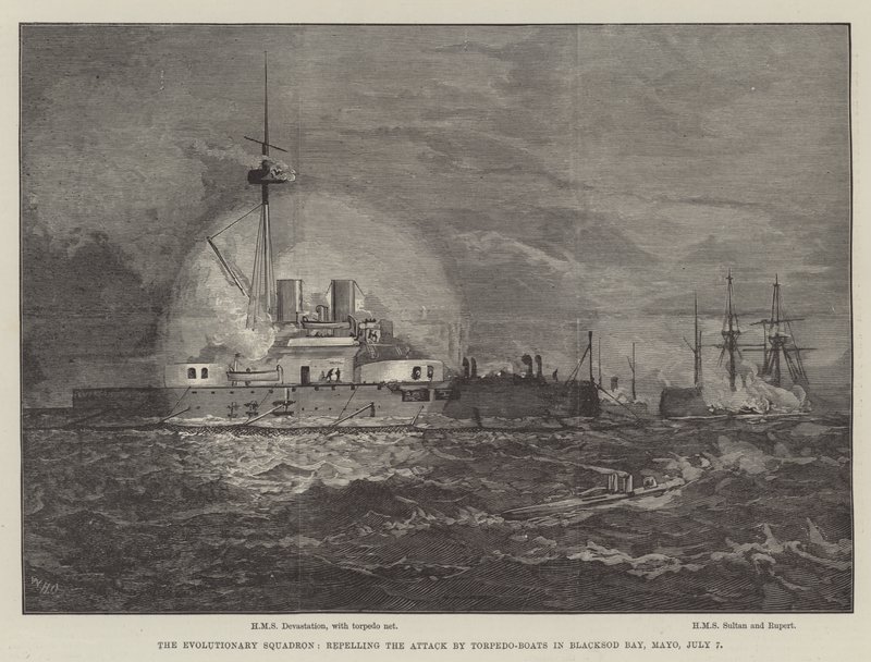 Evolutionary Squadron torjui torpedoveneiden hyökkäyksen Blacksod Bayssä, Mayossa, 7. heinäkuuta tekijältä William Heysham Overend
