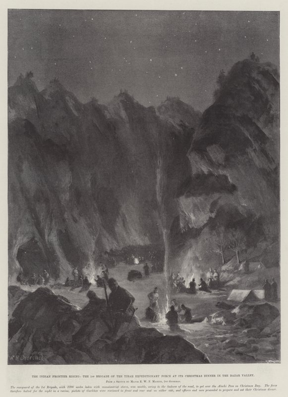 Indian Frontier Rising, Tirah Expeditionary Force -joukkojen 1. prikaati jouluillallisellaan Bazar-laaksossa tekijältä William Heysham Overend