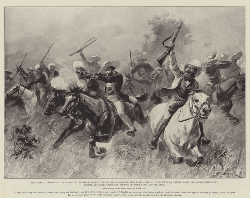 Matabili-insurrection, Afrikandersin hyökkäys Colenbranderin maatilan taistelussa, 25. huhtikuuta, Yksi luonnon kosketus tekee koko maailmasta sukulaisen; Britit ja buurit yhdistyvät puolustamaan vaimojaan tekijältä William Heysham Overend