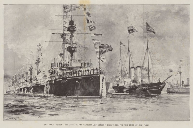 Naval Review, Royal Yacht Victoria ja Albert kulkevat laivaston linjojen läpi tekijältä William Heysham Overend