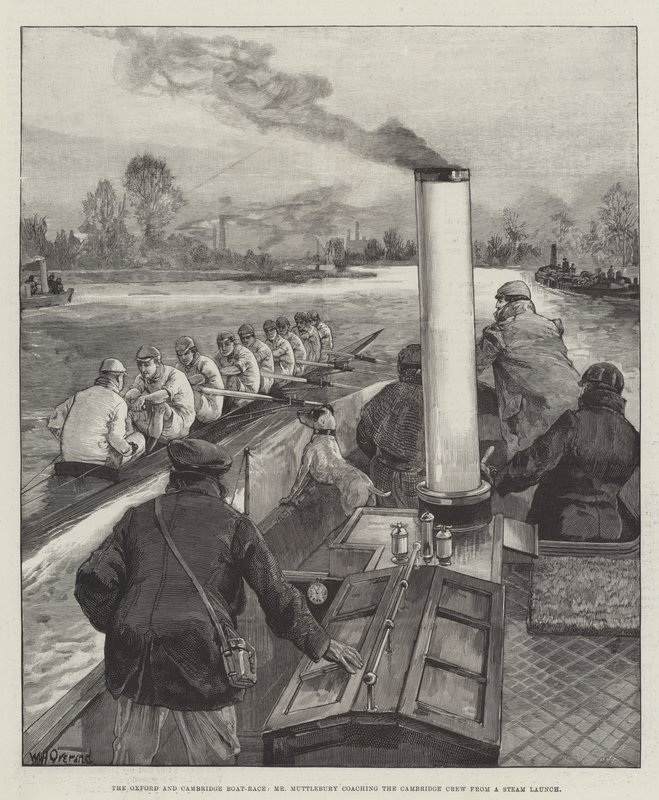 Oxford ja Cambridge Boat-Race, herra Muttlebury valmentamassa Cambridgen miehistöä Steam Launchista tekijältä William Heysham Overend