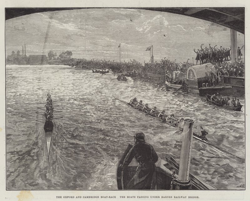 Oxford ja Cambridge Boat-Race, veneet kulkevat Barnesin rautatiesillan alta tekijältä William Heysham Overend