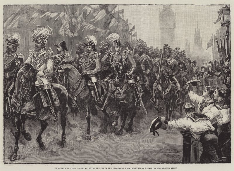 Kuningattaren juhlapäivä, kuninkaallisten prinssien saattaja kulkueessa Buckinghamin palatsista Westminster Abbeyyn tekijältä William Heysham Overend
