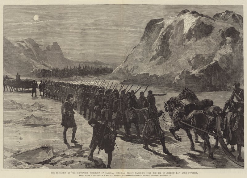Kapina Kanadan luoteisalueella, siirtomaajoukot marssivat Nepigon Bayn jään yli, Yläjärvi (Lake Superior) tekijältä William Heysham Overend