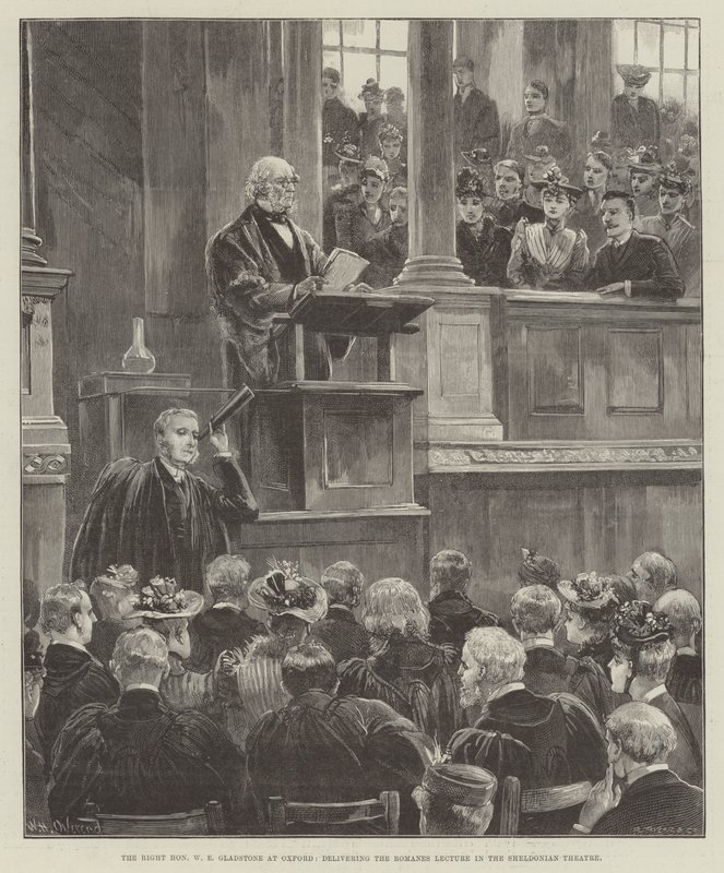 The Right Honorable W E Gladstone Oxfordissa pitämässä Romanes-luennon Sheldonian-teatterissa tekijältä William Heysham Overend